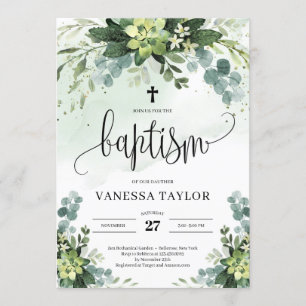 Invitación Boho verde suculento flores baptismo follaje