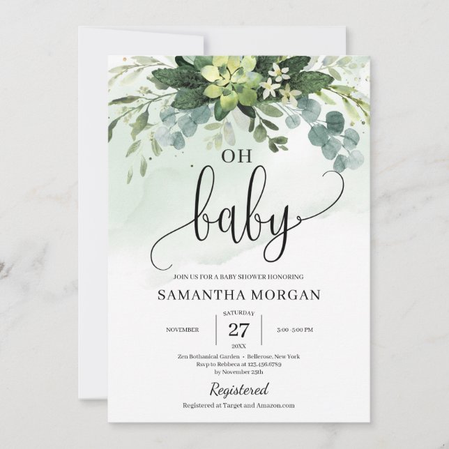 Invitación Boho verde suculento follaje floral oh bebé (Anverso)