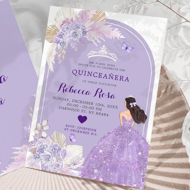 Invitación Boho Vestido púrpura Princesa Floral Quinceañera (Subido por el creador)