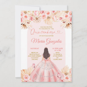 Invitación Boho Vestido rosa Floral Princesa Quinceañera
