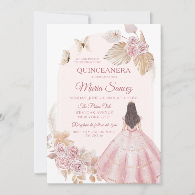 Invitación Boho Vestido Rosa Princesa Mexicana Quinceañera (Anverso)