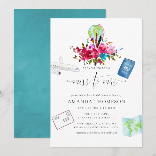Invitación Boho Viajando De Miss A Sra. Bridal Shower (Anverso / Reverso)