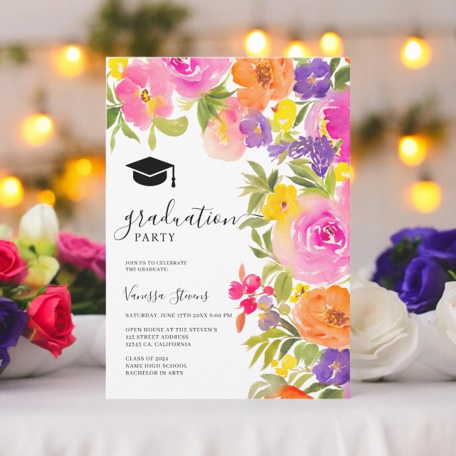 Invitación Boho vibrante jardín acuarela flores graduación (Boho vibrant garden watercolor flowers graduation invitation)