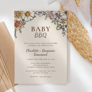 Invitación Boho Vintage Floral Beige Baby BBQ Baby Shower