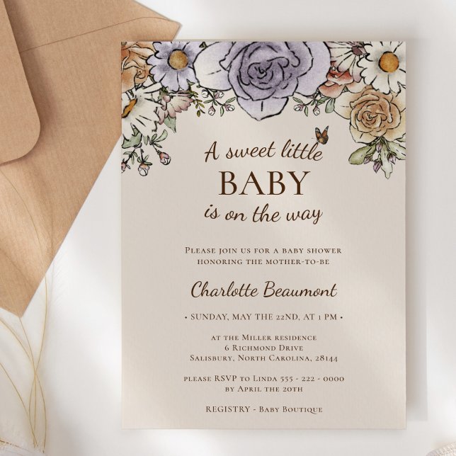 Invitación Boho Vintage Floral Beige Pequeño Baby Shower (Subido por el creador)