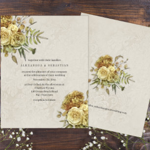 Invitación Boho Vintage Gold Rosas y Cream Damask Wedding