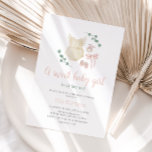 Invitación Boho Vintage Outfit Baby Shower<br><div class="desc">"Una niña dulce está en camino" Celebra a la futura madre con esta suave invitación a una ducha de bebé bohemio rosa pastel y verde pastel que incluye un ilustracion de enterizo,  zapatos,  una reverencia y un lindo juguete de bebé de madera rodeado de vegetación eucalipto.</div>