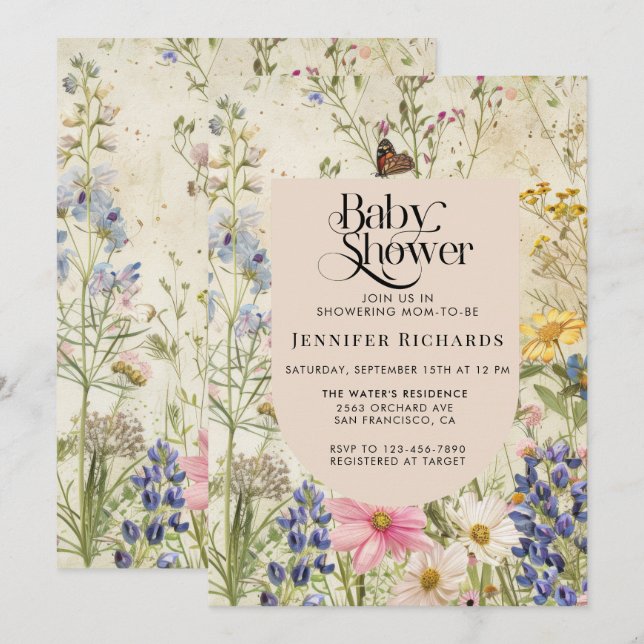 Invitación Boho Vintage Wildflower Baby Shower (Anverso / Reverso)
