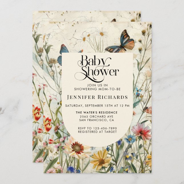 Invitación Boho Vintage Wildflower Baby Shower (Anverso / Reverso)
