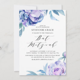 Invitación Boho Violet Watercolor Peonies Floral Bat Mitzvah