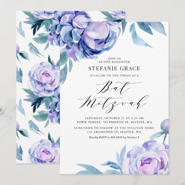 Invitación Boho Violet Watercolor Peonies Floral Bat Mitzvah (Anverso / Reverso)
