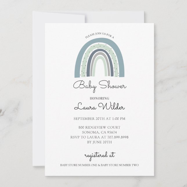 Invitación Boho Watercolor Arcoiris Azul Bebé Ducha (Anverso)