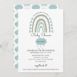 Invitación Boho Watercolor Arcoiris Azul Bebé Ducha