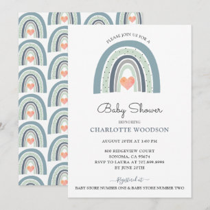 Invitación Boho Watercolor Arcoiris Azul Bebé Ducha
