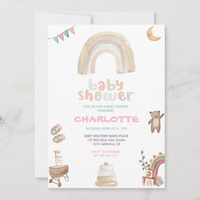 Invitación Boho Watercolor Arcoiris Chica Baby Shower (Anverso)