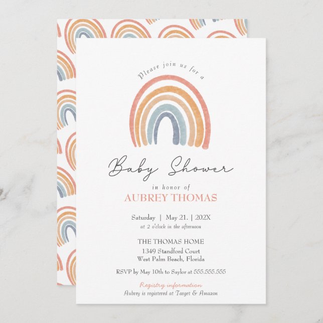Invitación Boho Watercolor Arcoiris Chica niño gemelo Baby Sh (Anverso / Reverso)