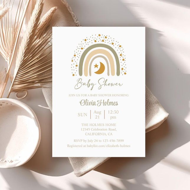 Invitación Boho Watercolor Arcoiris Neutral Baby Shower (Boho Watercolor Neutral Rainbow Baby Shower Invitation on a neutral boho table.)