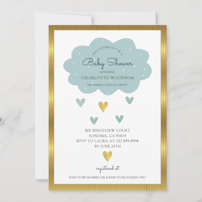 Invitación Boho Watercolor Arcoiris Nube Azul Bebé (Anverso)