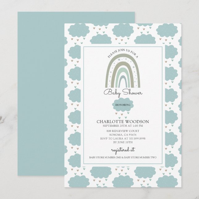 Invitación Boho Watercolor Arcoiris Nube Azul Bebé (Anverso / Reverso)