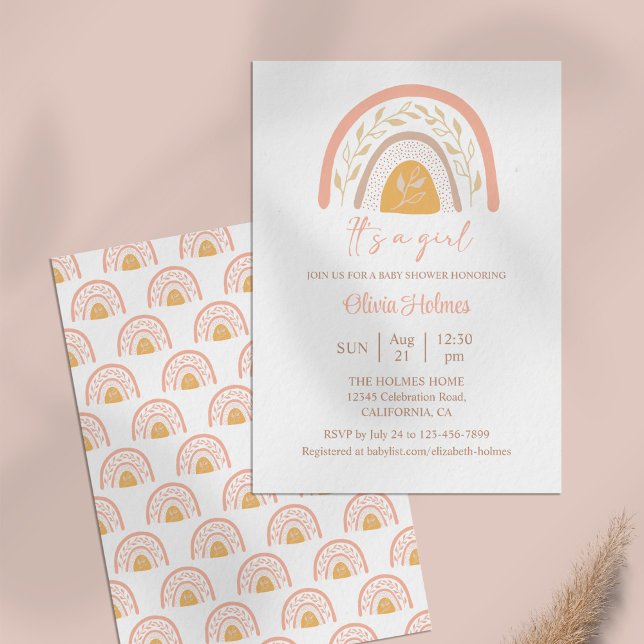 Invitación Boho Watercolor Arcoiris rosa Baby Shower (Boho Watercolor Pink Rainbow Baby Shower Invitation on a pale pink table.)