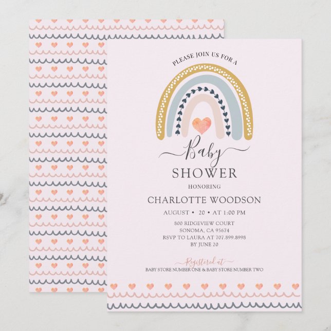 Invitación Boho Watercolor Arcoiris Rosa Baby Shower (Anverso / Reverso)