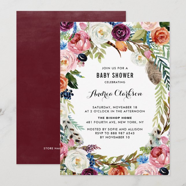 Invitación Boho Watercolor Autumn Floral Frame Baby Shower (Anverso / Reverso)