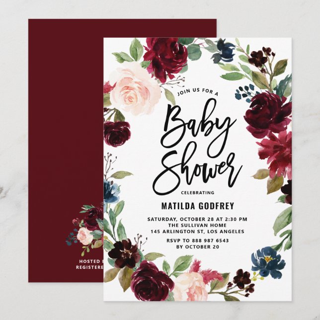 Invitación Boho Watercolor Autumn Floral Wreath Baby Shower (Anverso / Reverso)