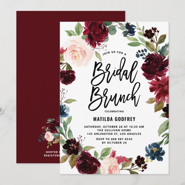 Invitación Boho Watercolor Autumn Floral Wreath Bridal Brunch (Anverso / Reverso)