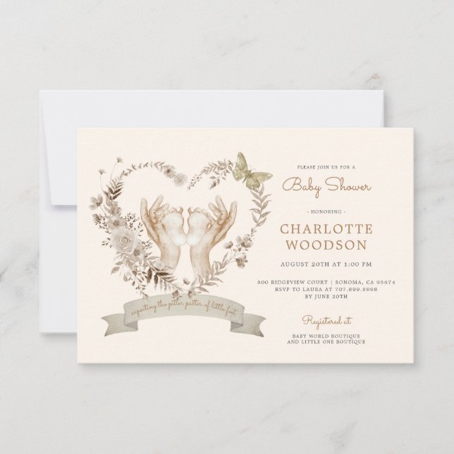 Invitación Boho Watercolor Baby Shower Pies de bebé (Anverso)