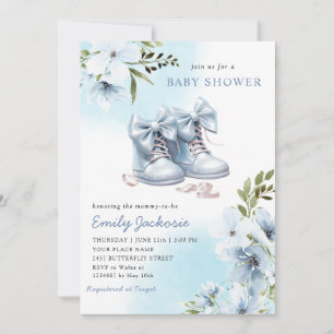 Invitación Boho Watercolor Blue Baby Shoes floral Baby Shower