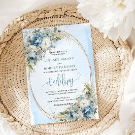Invitación Boho Watercolor Blue Flowers Gold Wedding Invite