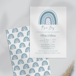Invitación Boho Watercolor Blue Rainbow Baby Shower