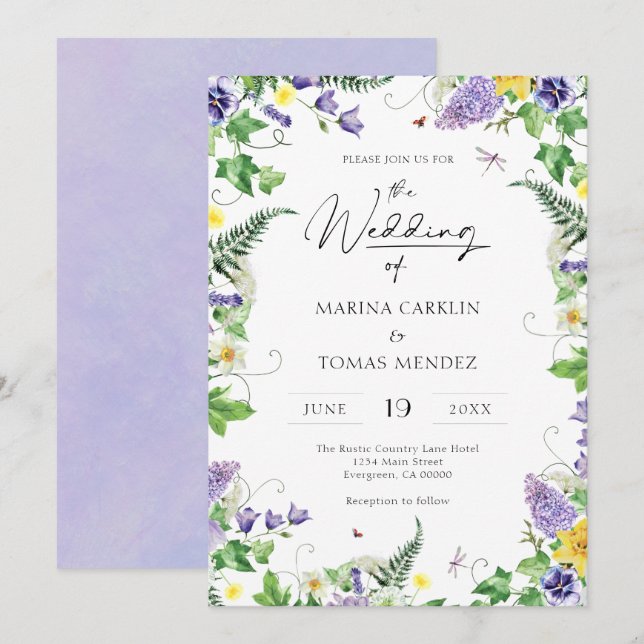 Invitación Boho Watercolor Boda de Flor silvestre (Anverso / Reverso)