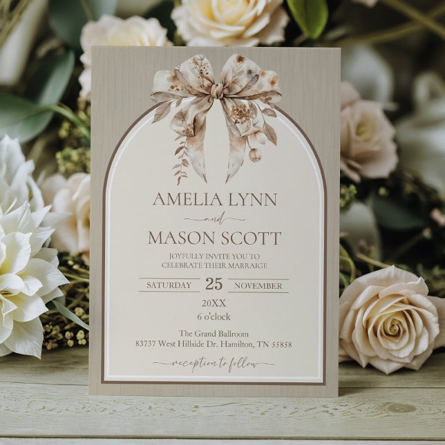 Invitación Boho Watercolor Bow Boda (Autumn Bow Bohemian Wedding Invitation)