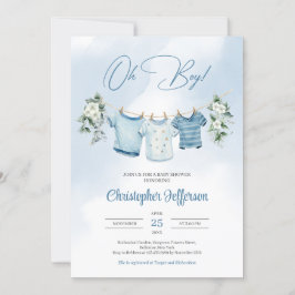 Invitación Boho Watercolor Boy Nursery Clothes y Eucalyptus