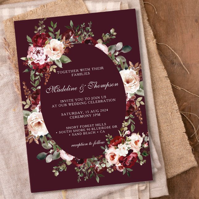 Invitación Boho Watercolor Burgundy Red Floral Frame Boda (Subido por el creador)