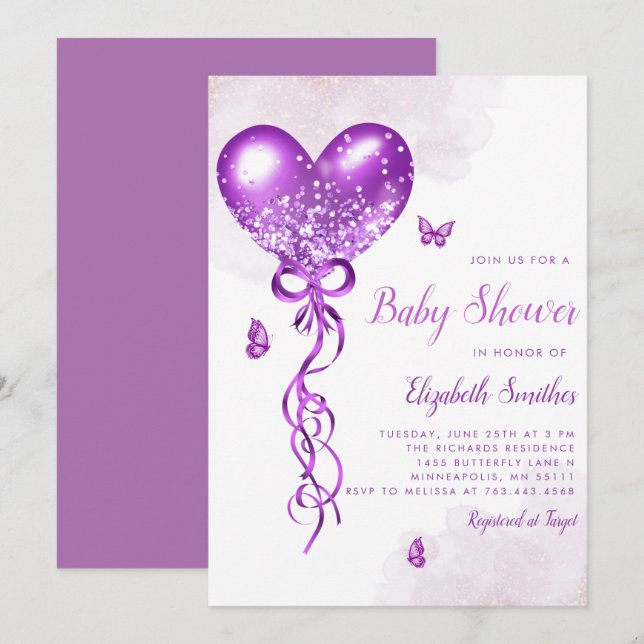 Invitación Boho Watercolor Butfly Chica Balloon (Anverso / Reverso)