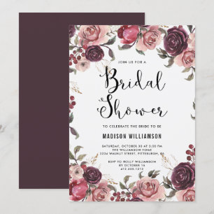 Invitación Boho Watercolor Cae Borgoña Floral Bridal Shower