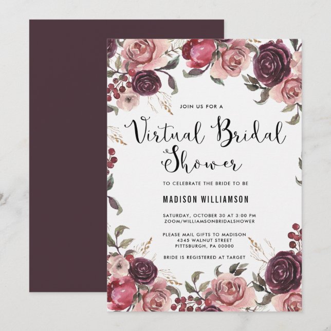 Invitación Boho Watercolor Caída Floral Virtual Bridal Shower (Anverso / Reverso)