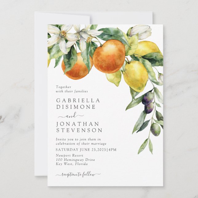 Invitación Boho Watercolor Citrus Boda Botánico (Anverso)