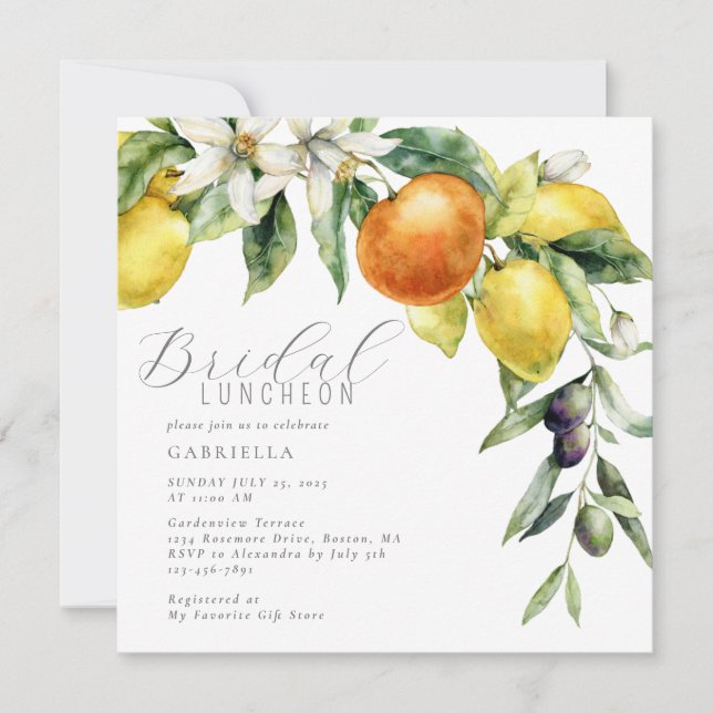 Invitación Boho Watercolor Citrus Lemon Naranja Bridal Ducha (Anverso)