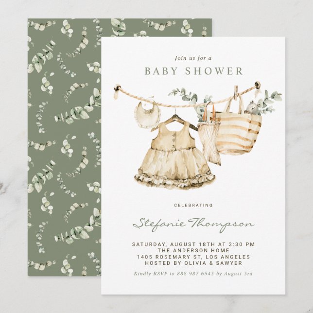 Invitación Boho Watercolor Clothesline Baby Shower (Anverso / Reverso)