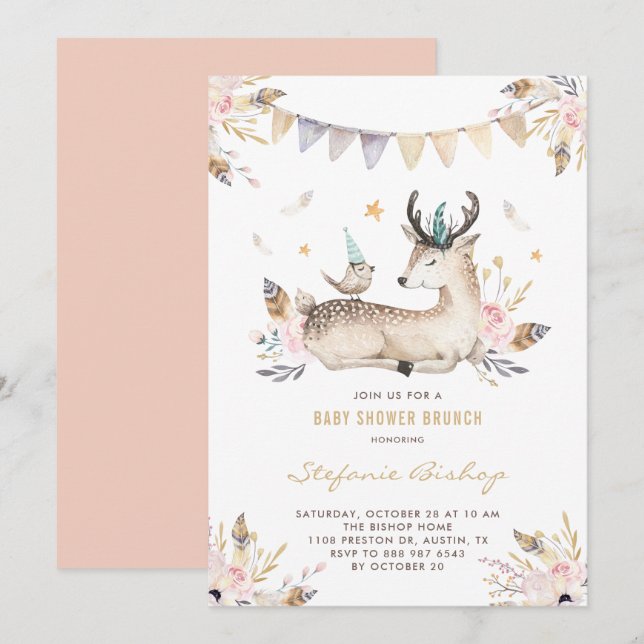 Invitación Boho Watercolor Deer y Bird Baby Shower Brunch (Anverso / Reverso)