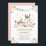 Invitación Boho Watercolor Deer y Bird Floral Kids Cumpleaños<br><div class="desc">Invitación a fiesta de cumpleaños con flores de aves y cierres de color de agua Boho | Invitar a la familia y amigos con esta invitación de cumpleaños. Esta invitación de cumpleaños editable incluye ilustraciones acuáticos de ciervo y un pájaro con flores, follaje y acentos de plumas. Esta invitación tribal...</div>