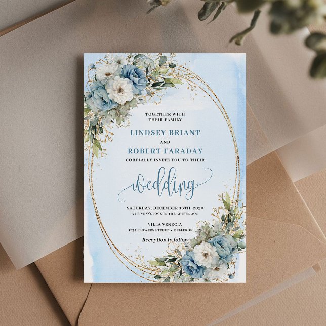 Invitación Boho Watercolor Dusty Blue Floral Gold Wedding  (Boho Dusty Blue Floral Gold Glitter Wedding Invite)