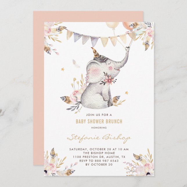 Invitación Boho Watercolor Elephant Floral Baby Shower Brunch (Anverso / Reverso)