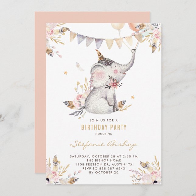 Invitación Boho Watercolor Elephant Niños Florales Cumpleaños (Anverso / Reverso)