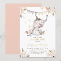 Boho Watercolor Elephant Niños Florales Cumpleaños