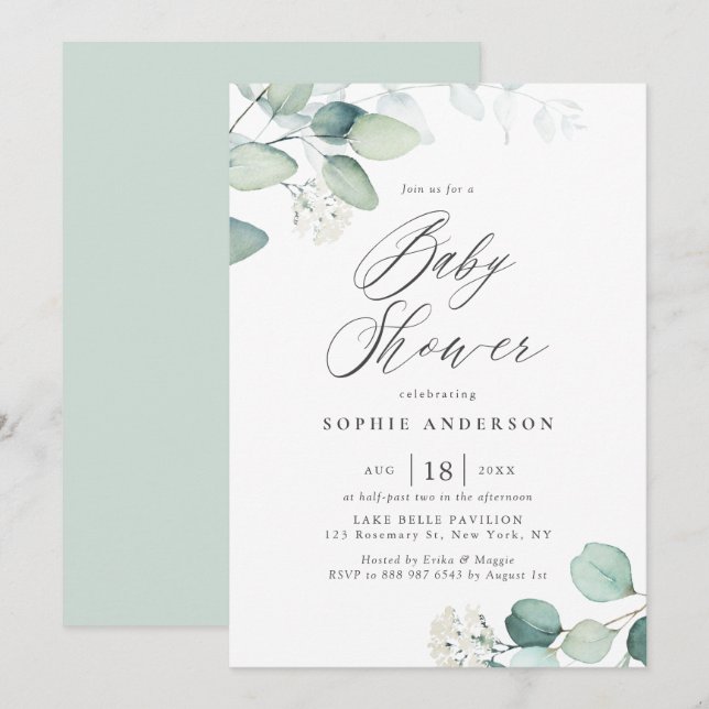 Invitación Boho Watercolor Eucalyptus deja Baby Shower (Anverso / Reverso)
