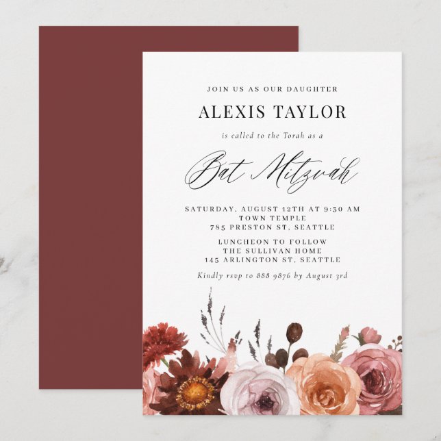Invitación Boho Watercolor Fall Flowers Bat Mitzvah (Anverso / Reverso)